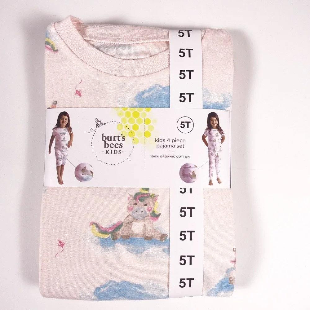 Burts Bees Kids 5T 4-Piece Pajama Set 100% Organic Cotton Pink Tea Party Unicorn
